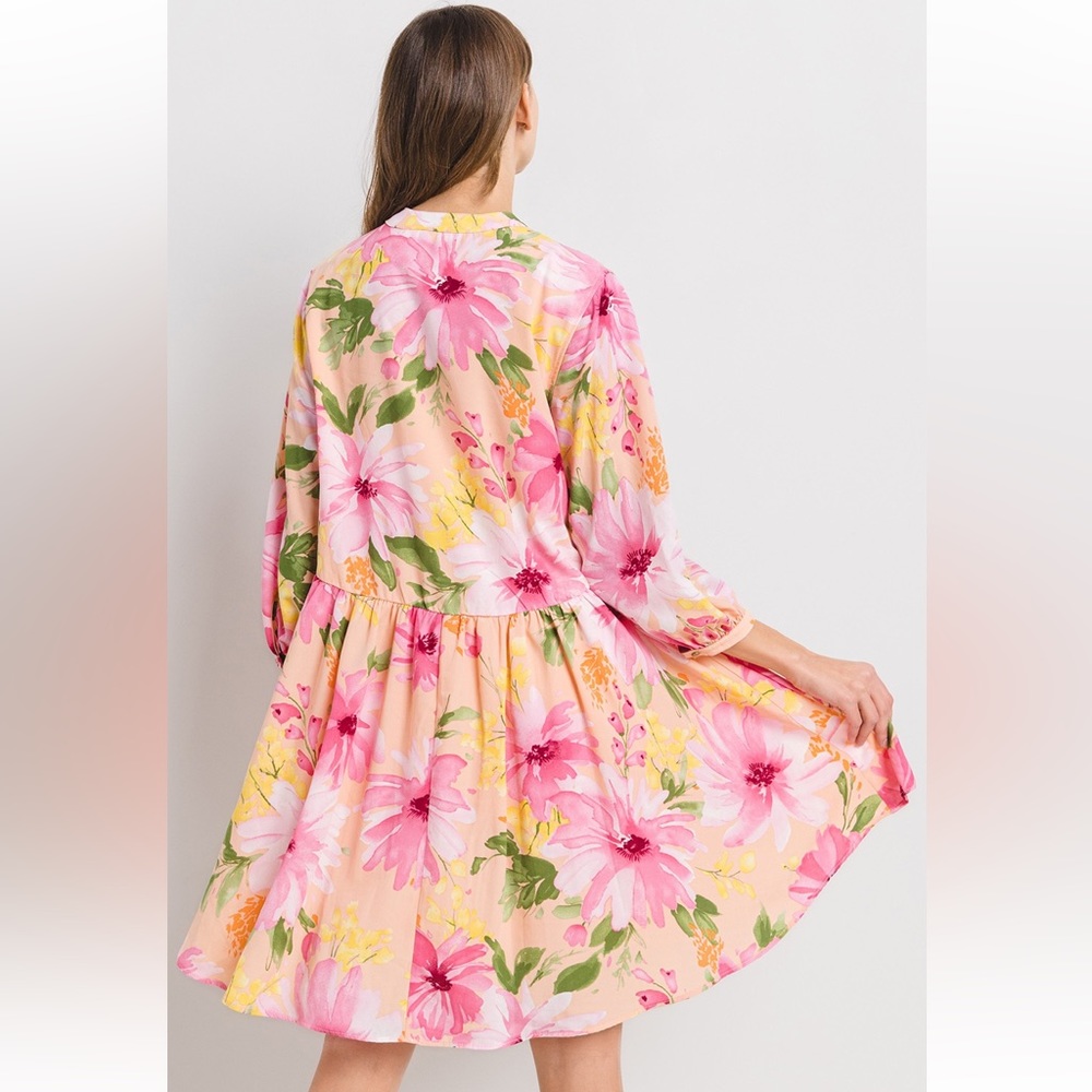 Peach Floral Mini Dress with Pink Blossoms - Picture 4 of 5